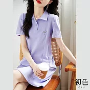 【初色】韓版氣質休閒短袖洋裝-共13款任選-67613(M-2XL可選) XL H.紫色