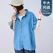【慢。生活】繡線口袋開衩寬版軟糯牛仔棉質襯衫 88017  FREE 淺藍色