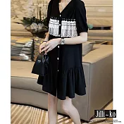 【Jilli~ko】V領氣質蕾絲魚尾雪紡連衣裙 J10758  FREE 黑色