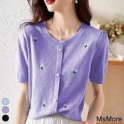 【MsMore】 短袖針織衫時尚挑孔刺繡圓領五分短袖短版上衣# 117710 FREE 紫色