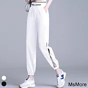 【MsMore】 冰絲哈倫褲高腰寬鬆減齡休閒褲顯瘦百搭束腳# 117839 M 白色