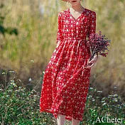 【ACheter】 孔雀印花苧麻連身裙民族風寬鬆V領七分袖印花亞麻棉紅色長裙洋裝# 117622 2XL 紅色