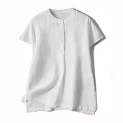 【ACheter】 立領純棉麻襯衫寬鬆百搭文藝簡約純色短袖短版上衣# 117738 XL 白色