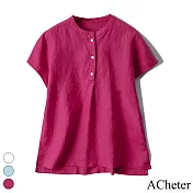 【ACheter】 立領純棉麻襯衫寬鬆百搭文藝簡約純色短袖短版上衣# 117738 M 酒紅色