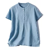 【ACheter】 立領純棉麻襯衫寬鬆百搭文藝簡約純色短袖短版上衣# 117738 M 天空藍色