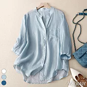 【ACheter】 棉麻襯衫文藝復古休閒文藝短版寬鬆七分袖罩衫上衣# 117751 M 藍色