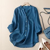 【ACheter】 棉麻襯衫文藝復古休閒文藝短版寬鬆七分袖罩衫上衣# 117751 M 深藍色