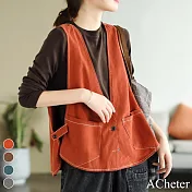 【ACheter】 復古棉麻V領寬鬆純色短版無袖背心外搭罩衫# 117770 L 橘紅色