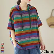 【ACheter】 短袖T恤復古做舊條紋短袖破洞寬鬆連帽中長版上衣# 117802 L 紫藍色