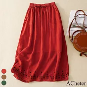 【ACheter】 寬鬆薄款刺繡簡約中長版百搭高腰鬆緊系帶半身長裙# 117819 M 紅色