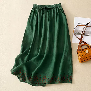 【ACheter】 寬鬆薄款刺繡簡約中長版百搭高腰鬆緊系帶半身長裙# 117819 M 綠色