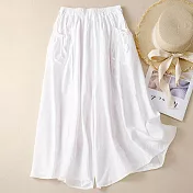 【ACheter】 麻寬鬆顯瘦休閒褲復古鬆緊高腰闊腿七分褲裙# 117817 L 白色