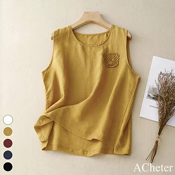 【ACheter】 純棉麻上衣寬鬆顯瘦休閒百搭無袖圓領背心短版上衣# 117837 M 黃色