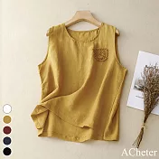 【ACheter】 純棉麻上衣寬鬆顯瘦休閒百搭無袖圓領背心短版上衣# 117837 XL 黃色
