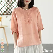 【ACheter】 復古棉麻圓領刺繡寬鬆中袖圓領亞麻感短版上衣# 117855 XL 粉紅色