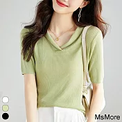 【MsMore】 冰絲短袖V領薄款針織衫短版修身上衣# 117153 FREE 綠色