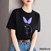 【MsMore】 兔子印花圓領短袖T恤夏黑色短版上衣# 117392 M 黑色