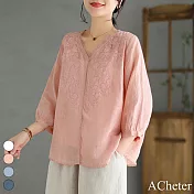 【ACheter】 棉麻七分袖V領刺繡薄款棉麻氣質寬鬆短版上衣# 117489 M 粉紅色