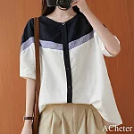 【ACheter】 韓版大碼休閒上衣文藝撞色拼接棉麻圓領短袖襯衫# 117514 FREE 白色