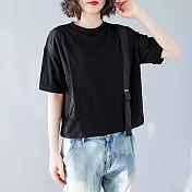 【ACheter】 夏季新品文藝寬鬆圓領造型短袖T恤短版上衣# 117517 FREE 黑色