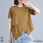 【ACheter】 夏季新款時髦不規則t恤修身顯瘦短袖短版圓領上衣# 117519 FREE 卡其色