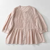 【ACheter】 日系甜美重工風琴褶法式泡泡短袖單排扣襯衫棉麻拼接A字短版上衣# 117539 XL 粉紅色