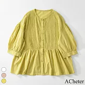 【ACheter】 日系甜美重工風琴褶法式泡泡短袖單排扣襯衫棉麻拼接A字短版上衣# 117539 M 黃色