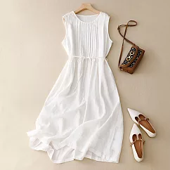 【ACheter】 復古文藝圓領無袖棉麻寬鬆顯瘦中長款連身裙背心洋裝# 117820 L 白色