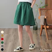 【ACheter】 高腰顯瘦短褲闊腿褲棉麻休閒寬鬆百塔五分短褲# 117821 XL 綠色