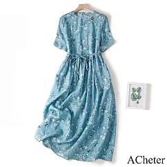 【ACheter】 大碼連身裙圓領短袖薄款復古棉麻藍碎花系帶長版洋裝# 117736 M 藍色
