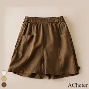 【ACheter】 時尚簡約五分褲新款純色寬鬆休閒百搭鬆緊腰闊腿褲# 117835 XL 咖色