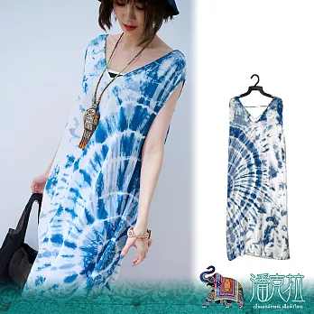潘克拉 | 藍染夏季涼感縲縈飄逸開衩背心裙 TM1515  FREE 藍色