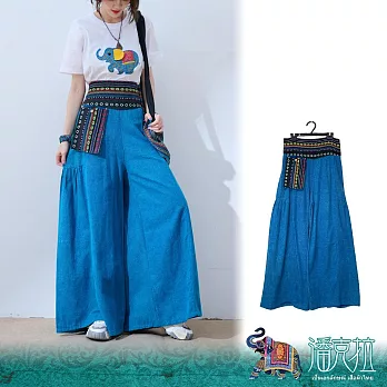 潘克拉 | 泰國手工織高腰封半鬆緊打摺闊腿褲 TM542  FREE 藍色