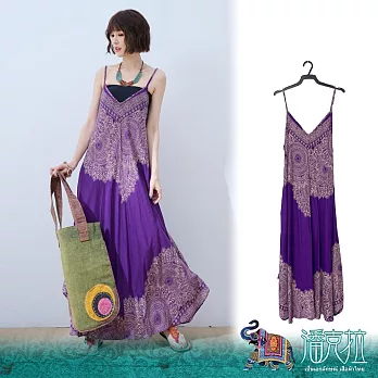 潘克拉 | 泰國曼陀羅羽毛印花夏季涼感縲縈可調吊帶裙 TM1536  FREE 紫色