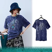 潘克拉 | 石洗工藝幾何大象手繪純棉長版T恤 TM1312  FREE 深藍色