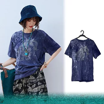 潘克拉 | 石洗工藝幾何大象手繪純棉長版T恤 TM1312  FREE 深藍色