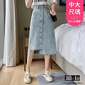 【Jilli~ko】高腰排釦不對稱抽鬚設計感牛仔裙 M-L J10757 M 藍色