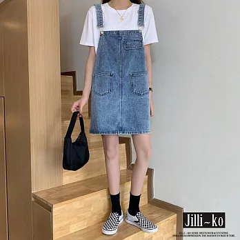 【Jilli~ko】韓版寬鬆減齡牛仔可調吊帶裙 J10777  FREE 藍色