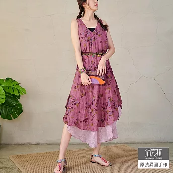 【潘克拉】印花手染純棉雙層背心連衣裙 TM1254  FREE 粉紫色