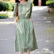 【MsMore】 意式大牌圓領清爽收腰系連身七分袖長裙洋裝# 117620 M 綠色