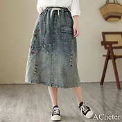 【ACheter】 文藝復古牛仔半身裙刺繡寬鬆鬆緊高腰刷破系帶長裙# 117664 2XL 藍色
