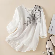 【ACheter】 寬鬆顯瘦V領蘆麻文藝純色印花棉麻寬鬆短版五分短袖上衣# 117601 L 白色