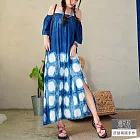 【潘克拉】藍染波紋鬆緊一字領平口連衣裙 TM1210  FREE 藍色