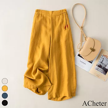 【ACheter】 棉麻寬鬆復古闊腿褲鬆緊高腰垂感休閒長褲# 117768 M 黃色