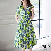 【初色】V領文藝氣質印花短袖收腰顯瘦中長裙連身裙洋裝-綠色-68597(M-XL可選) M 綠色