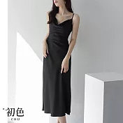 【初色】細肩吊帶緞面質感休閒無袖背心裙連身裙洋裝-共5色-68528(M/L可選) L 黑色