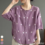 【ACheter】 文藝復古花朵圓領五分短袖印花襯衫寬鬆顯瘦棉麻短版上衣# 117734 M 紫色