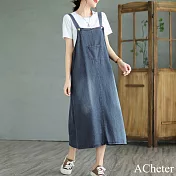 【ACheter】 復古風水洗做舊棉牛仔背帶裙減齡款開叉吊帶中長裙無袖洋裝# 118139 M 牛仔藍色
