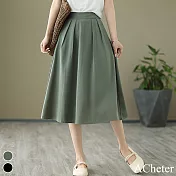 【ACheter】 文藝垂感顯瘦天絲氣質復古褶皺鬆緊高腰A字中長裙# 117965 XL 綠色