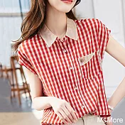 【MsMore】 印花短袖襯衫休閒時尚紅格百搭短版上衣# 118109 XL 紅色
